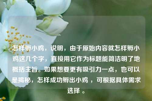 怎样孵小鸡，说明，由于原始内容就怎样孵小鸡这几个字，直接用它作为标题能简洁明了地概括主旨。如果想要更有吸引力一点，也可以是揭秘，怎样成功孵出小鸡 ，可根据具体需求选择 。