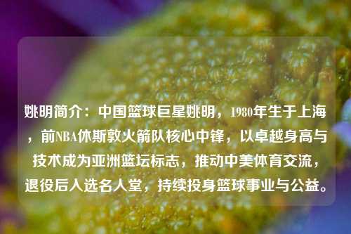 姚明简介：中国篮球巨星姚明，1980年生于上海，前NBA休斯敦火箭队核心中锋，以卓越身高与技术成为亚洲篮坛标志，推动中美体育交流，退役后入选名人堂，持续投身篮球事业与公益。